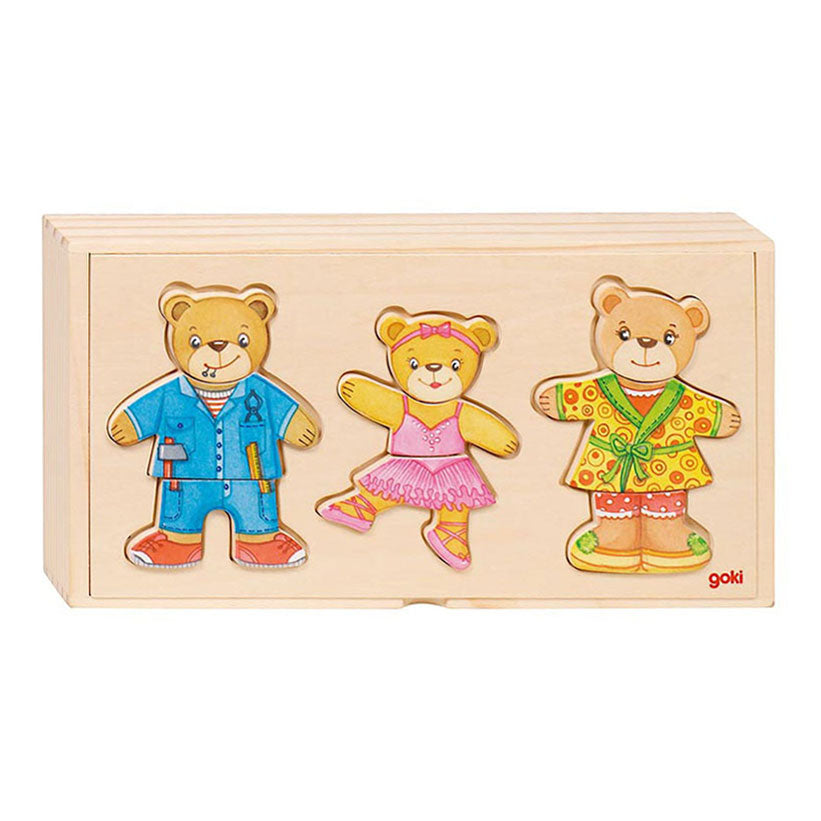 Goki houten aankleedpuzzel beren in houten kist, 36st.