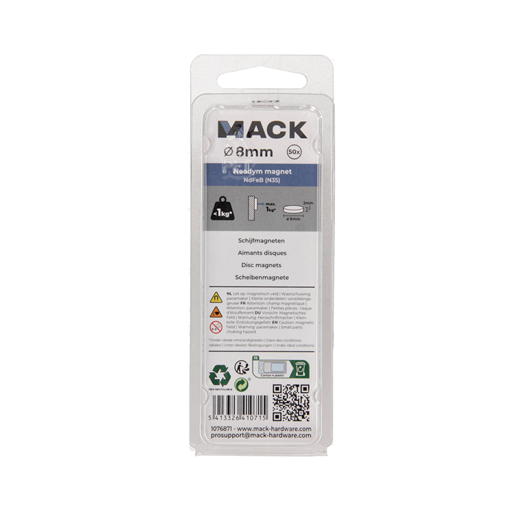 Mack 1076871 - schijfmagneten neodymium 8mm*2mm (n35) - zilver 50st | 4 stuks