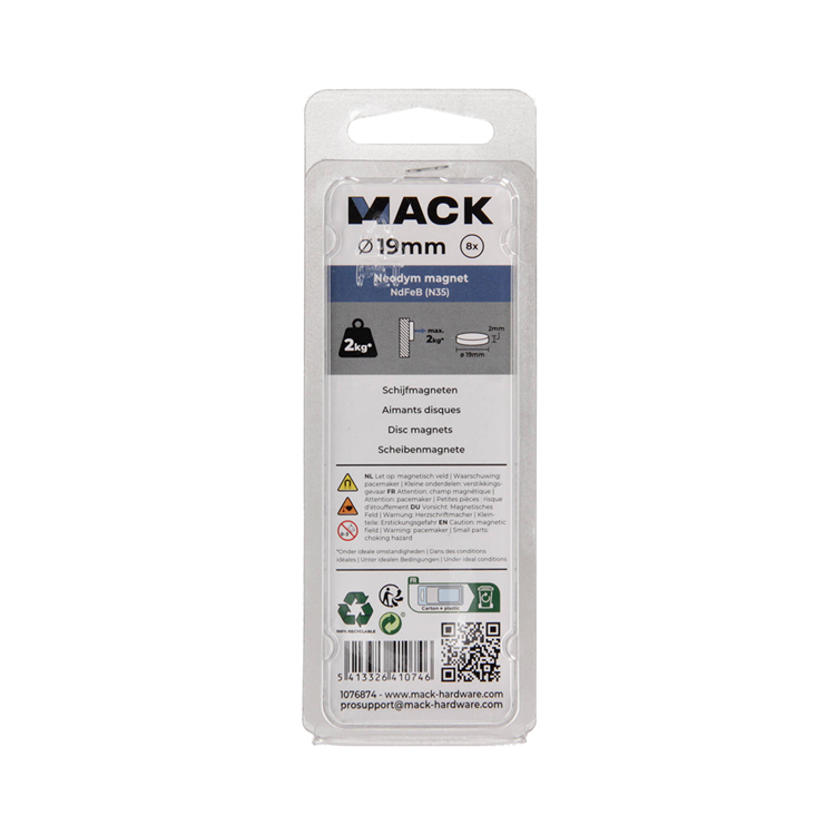 Mack 1076874 - schijfmagneten neodymium 19mm*2mm (n35) - zilver 8st | 4 stuks