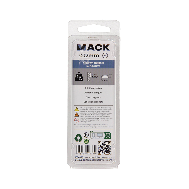 Mack 1076876 - schijfmagneten neodymium 12mm*2mm (n35) - zilver 8st | 4 stuks