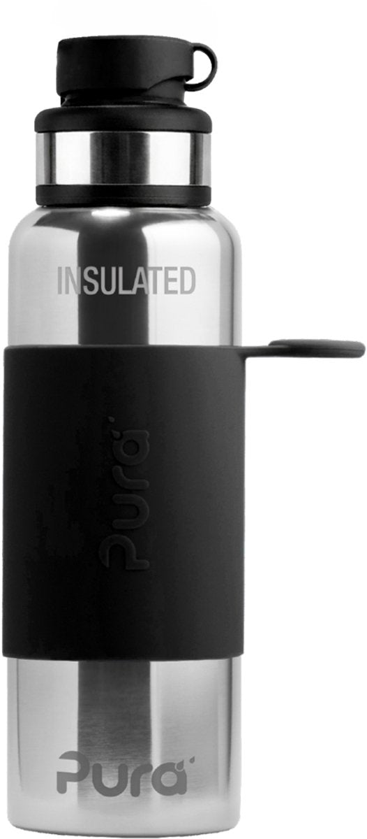 Pura thermos sportfles 650 ml - thermoskan - thermosbeker - plasticvrij - met dubbele wand - inclusief sportdop en sportsleeve - top is verwisselbaar - zwart