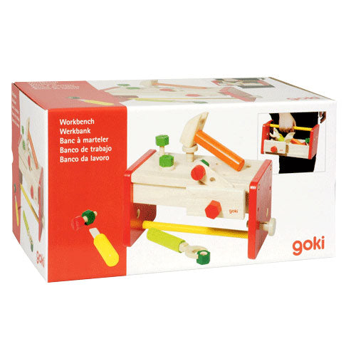 Goki houten werkbankje en gereedschapskist 2in1