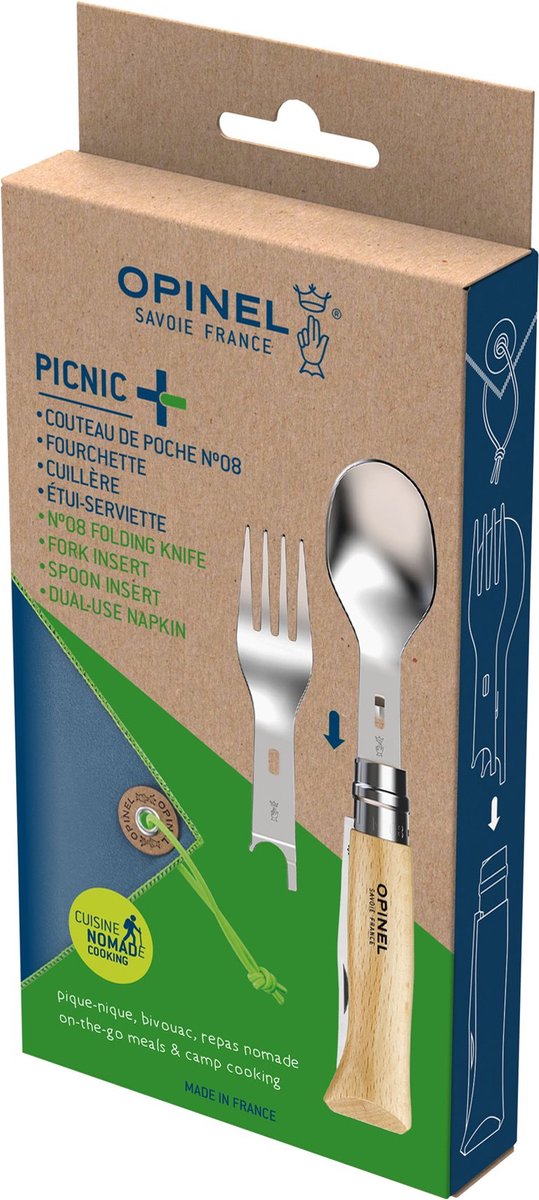 Opinel picnic plus reisbestek - 4-delig - rvs beukenhout - zakmes
