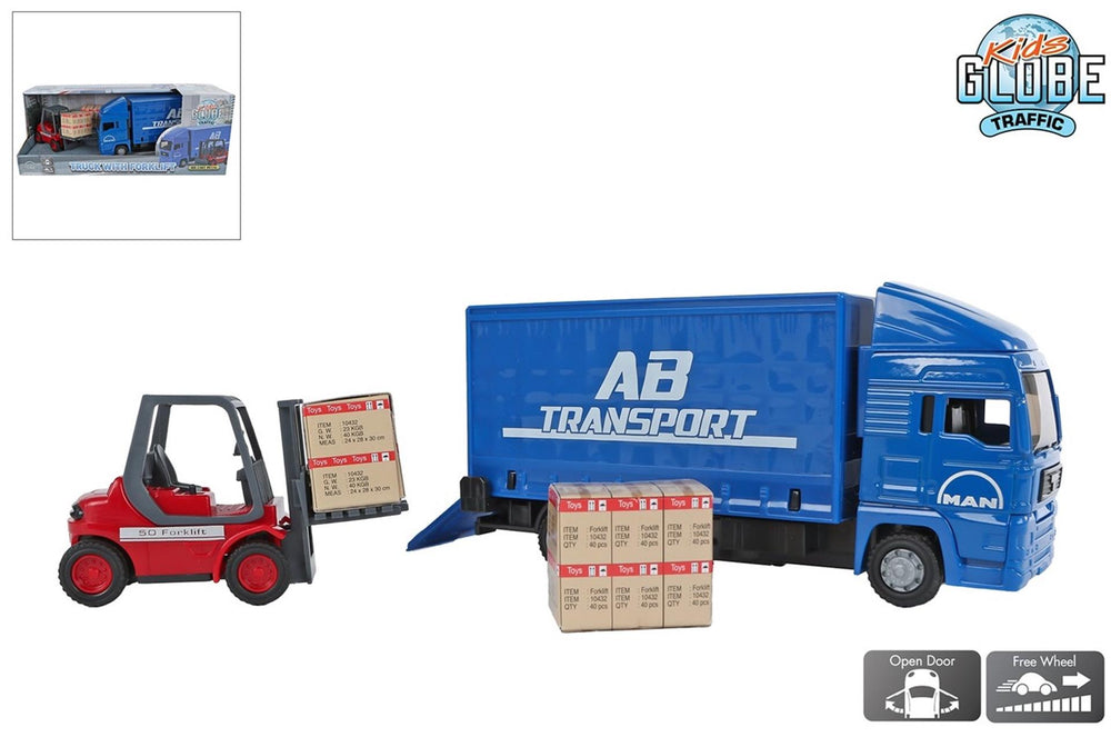 Kids globe man vrachtwagen met vorkheftruck. 17 cm