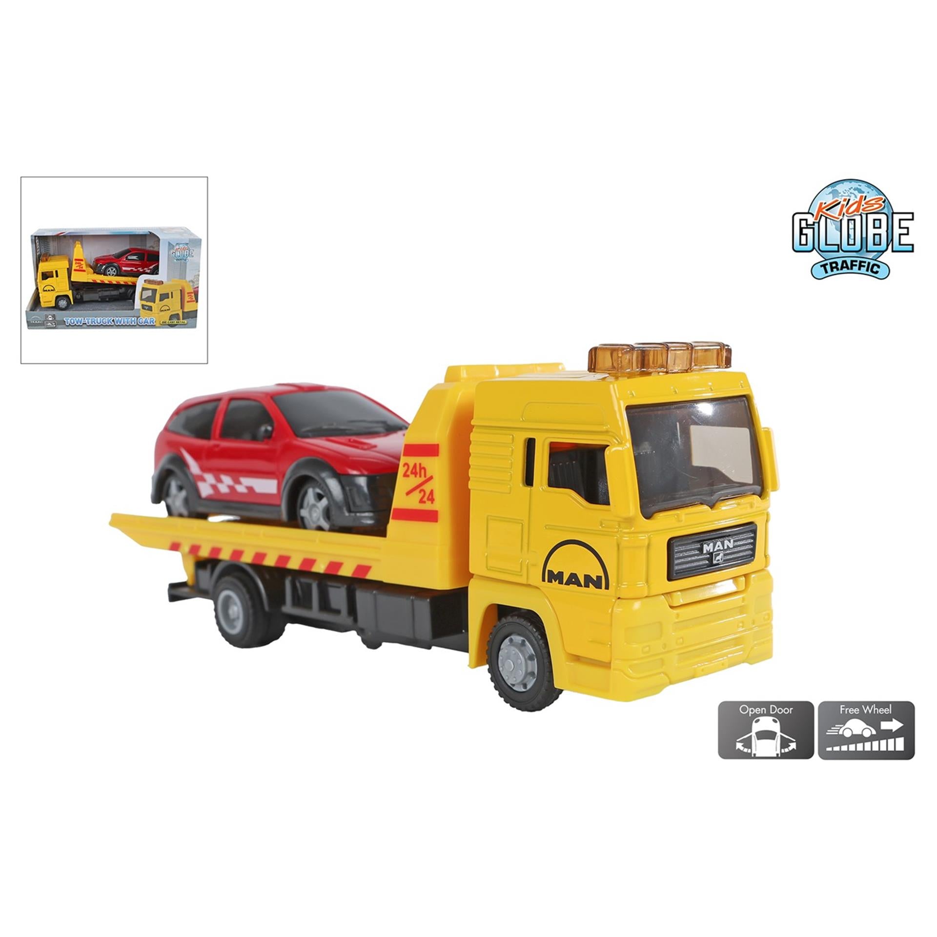 Kinderbol man vrachtwagen bergingswagen met auto, 19cm