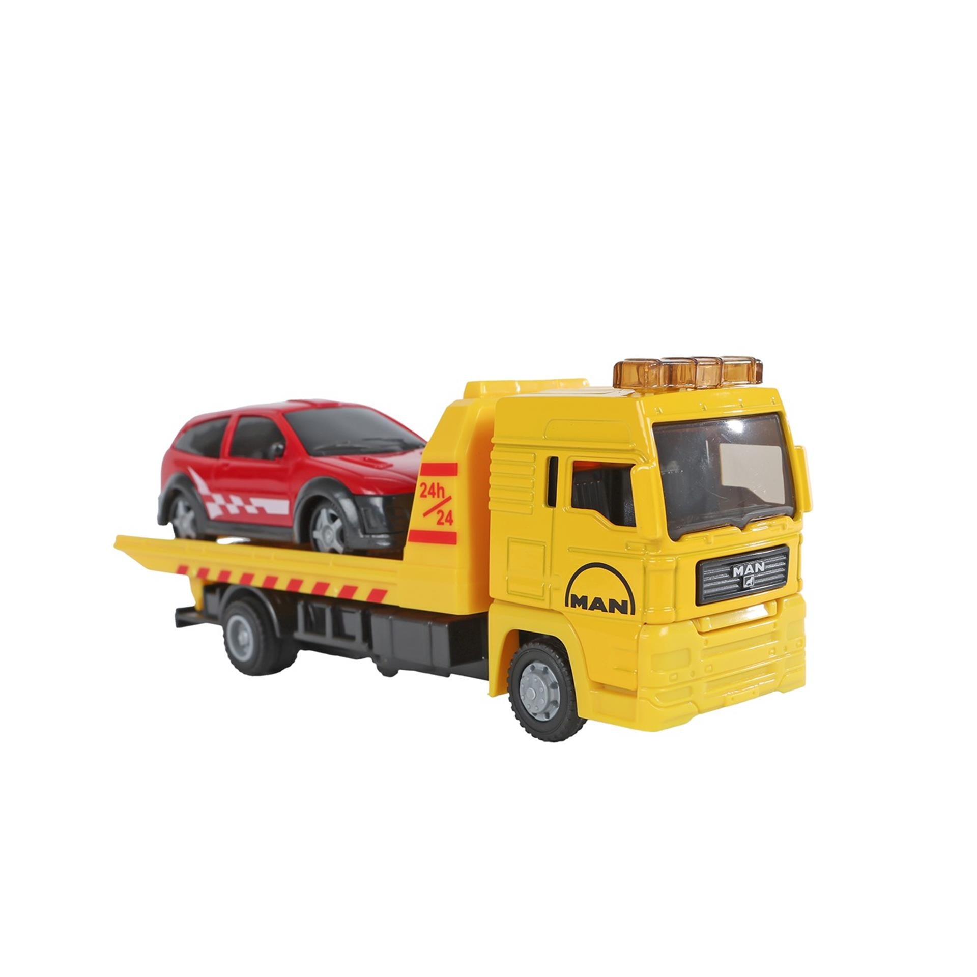 Kinderbol man vrachtwagen bergingswagen met auto, 19cm