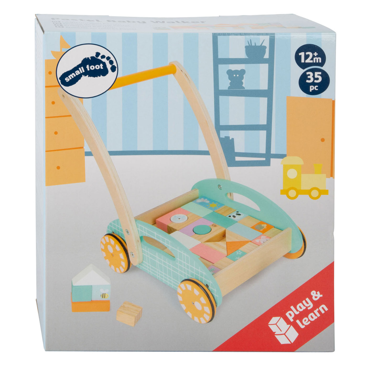 Small foot - wooden baby walker with pastel blocks, 35 pcs.