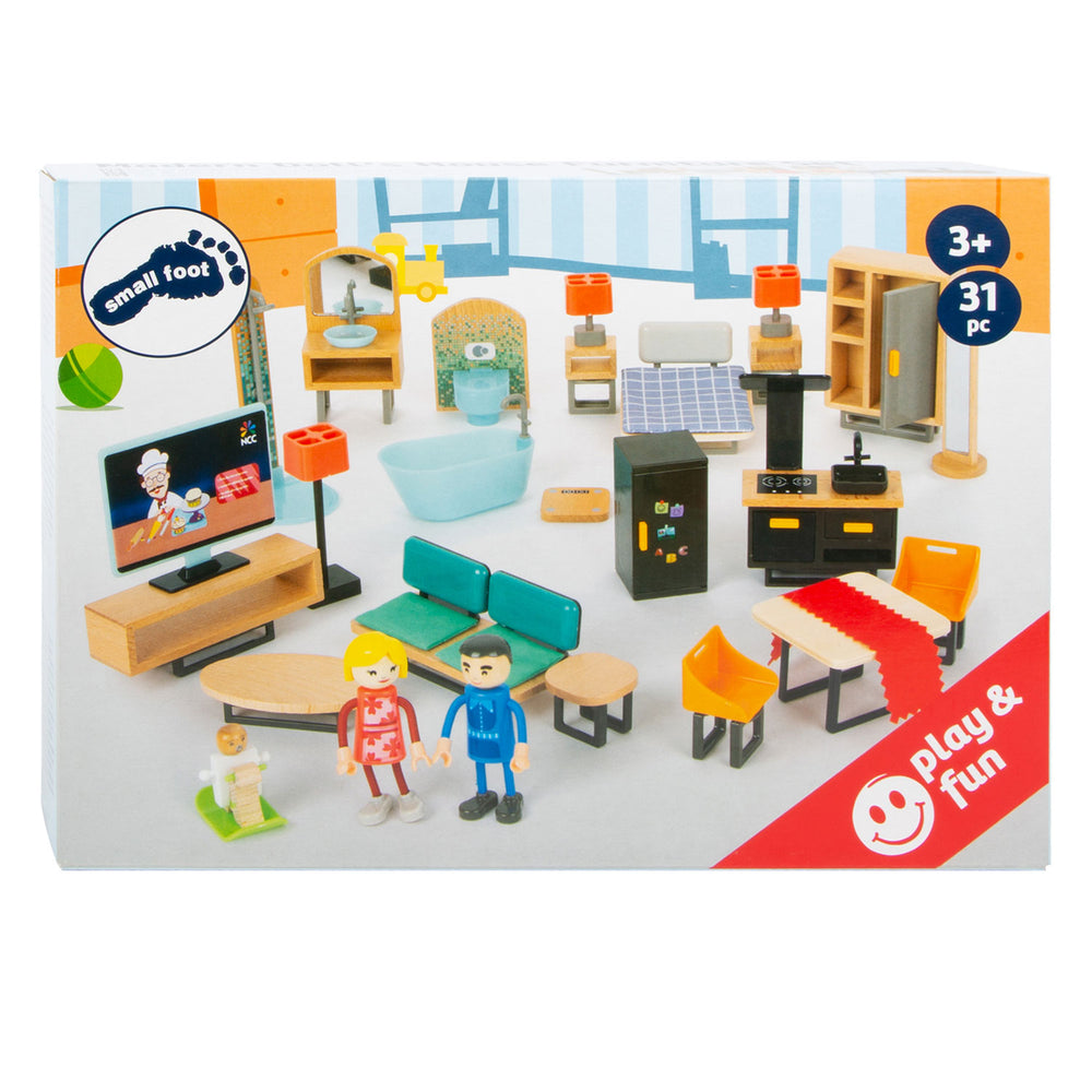 Small foot - houten poppenhuis meubeltjes modern complete set, 31dlg.