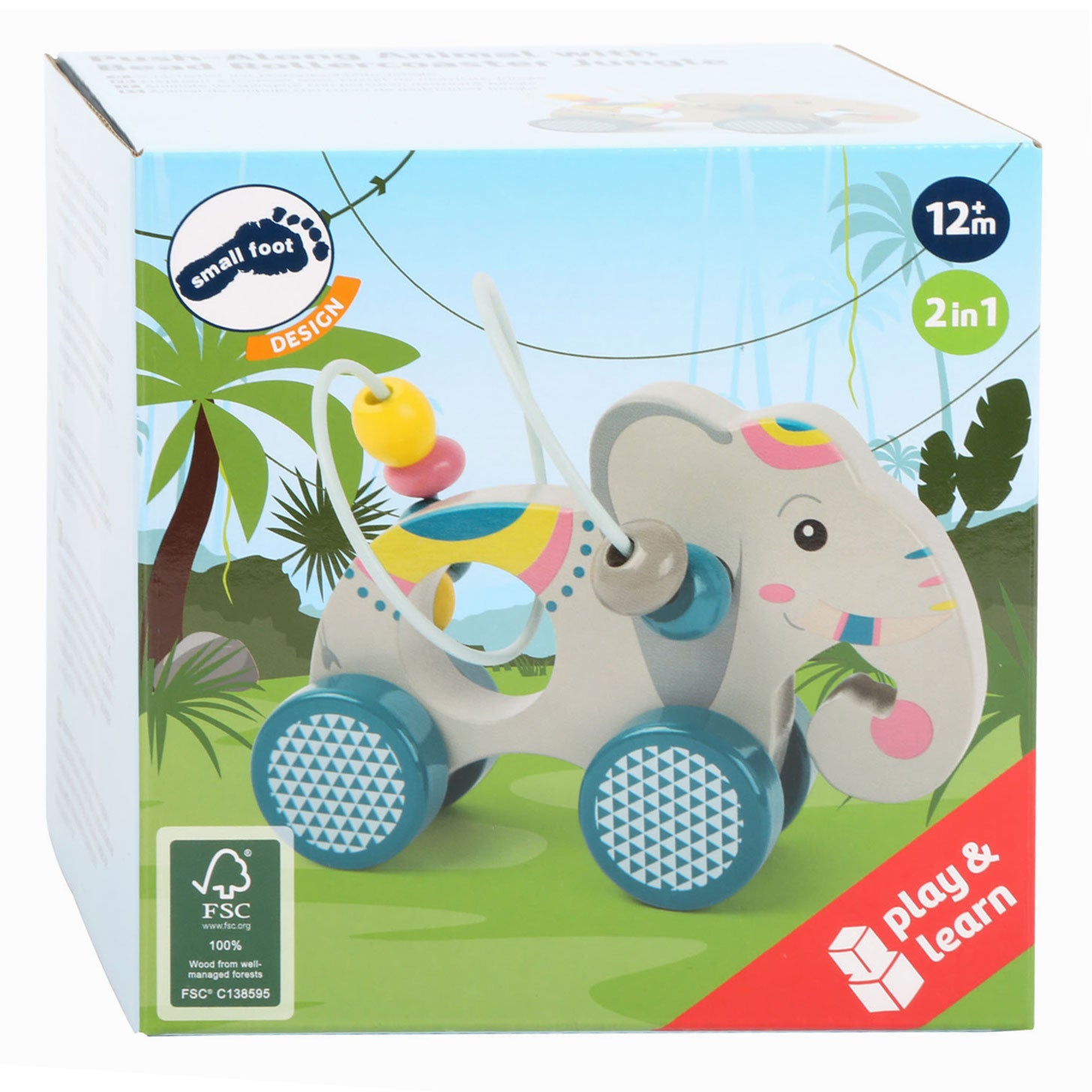 Small foot - Wooden push-along elephant with motor activity spiral