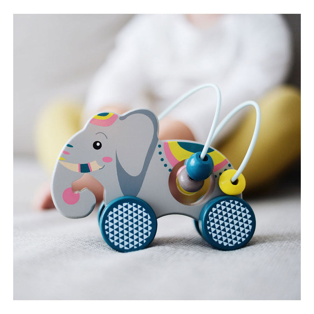 Small foot - Wooden push-along elephant with motor activity spiral