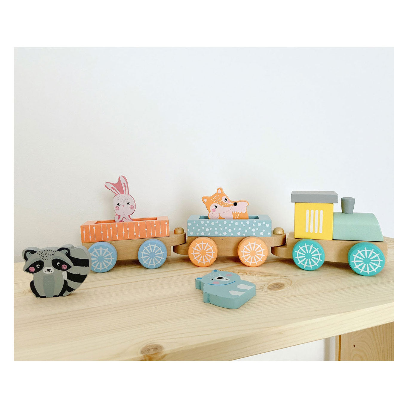 Small Foot Houten Trein met Bosdieren Pastel, 9dlg.