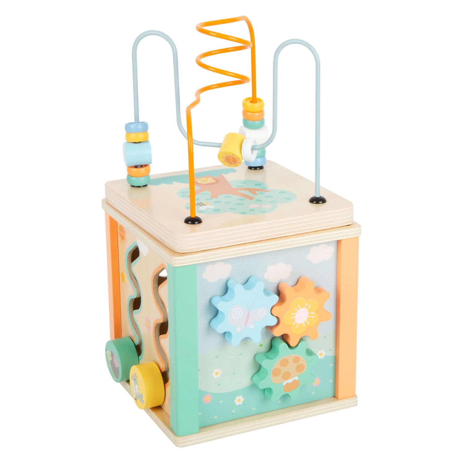 Small foot - wooden activity cube and motor skills spiral pastel