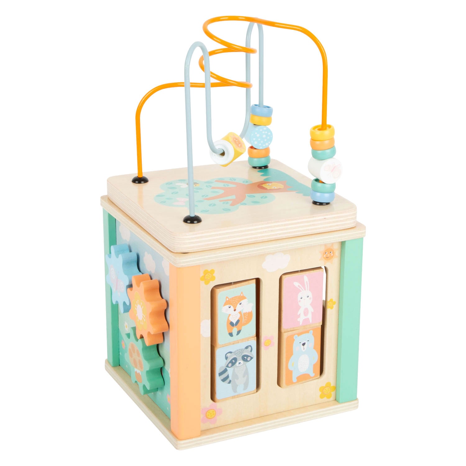 Small foot - wooden activity cube and motor skills spiral pastel