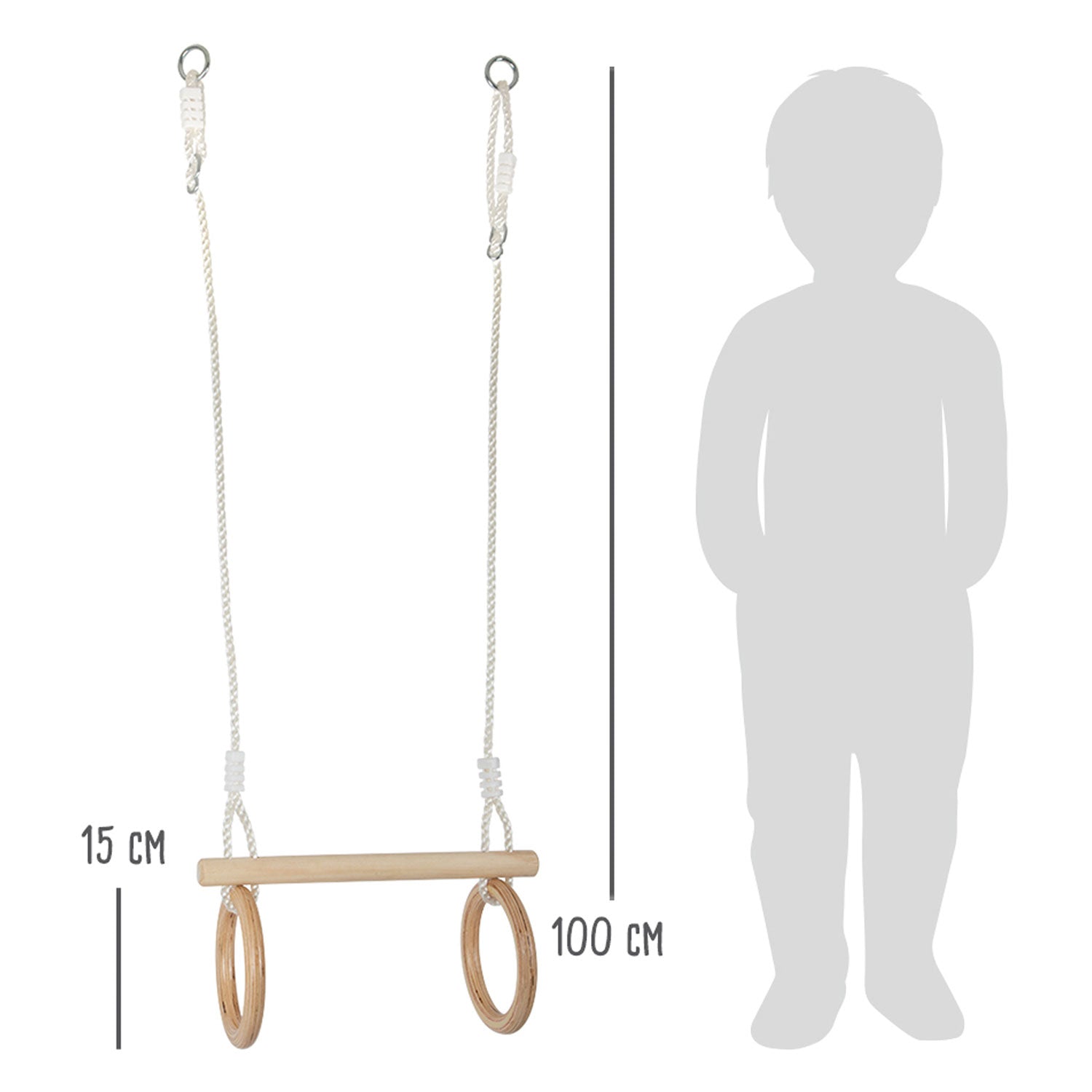 Kleine voet - houten trapeze met gymnastiekringen, 100cm