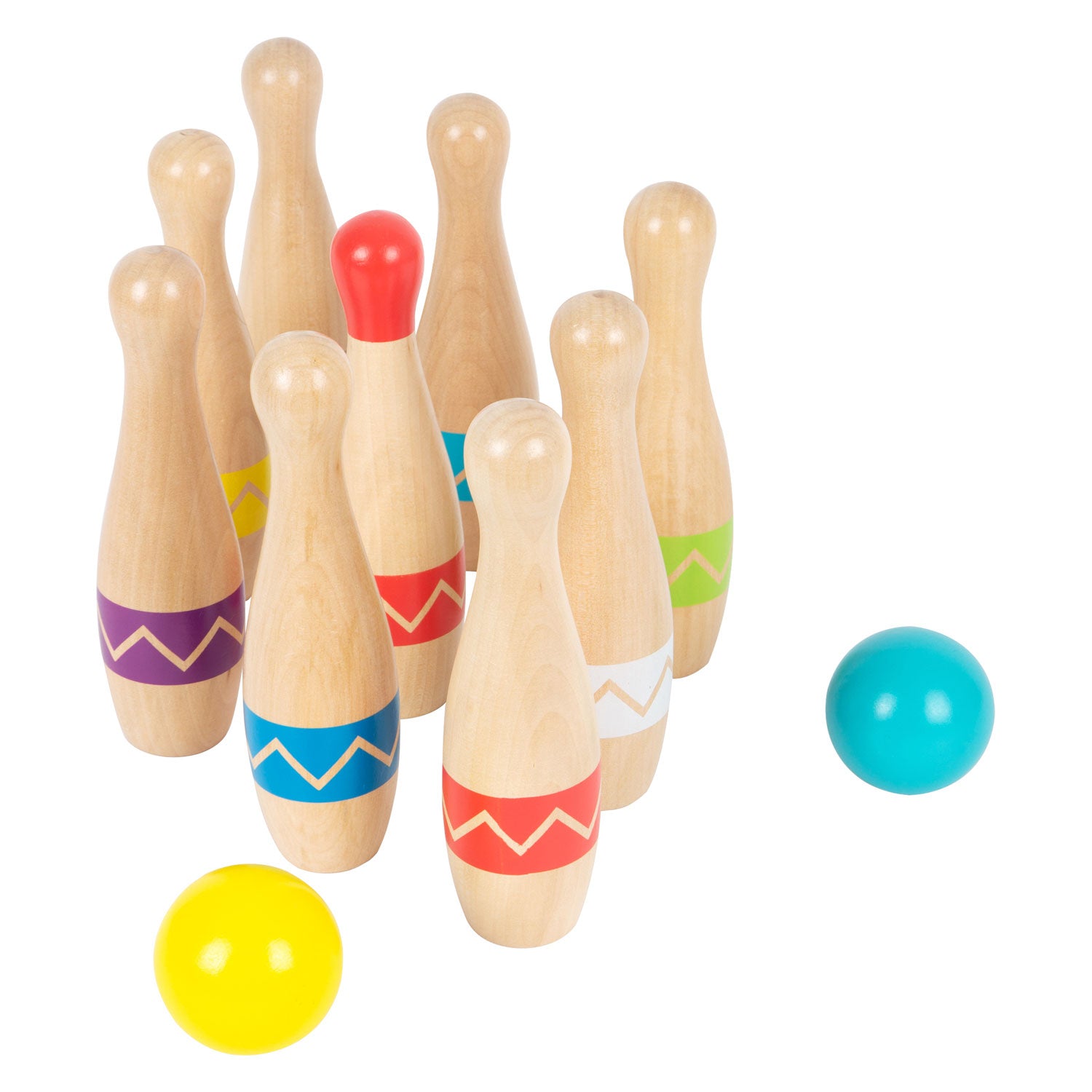Kleine voet - houten kegelspel met zigzagpatroon, 11dlg.