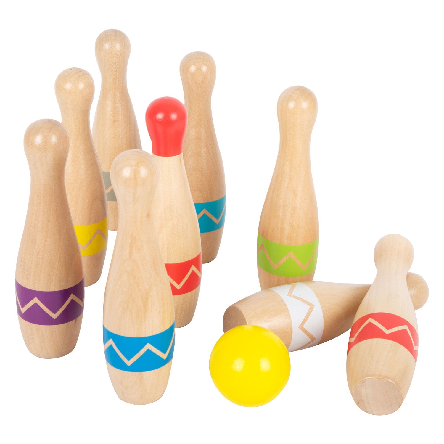 Kleine voet - houten kegelspel met zigzagpatroon, 11dlg.