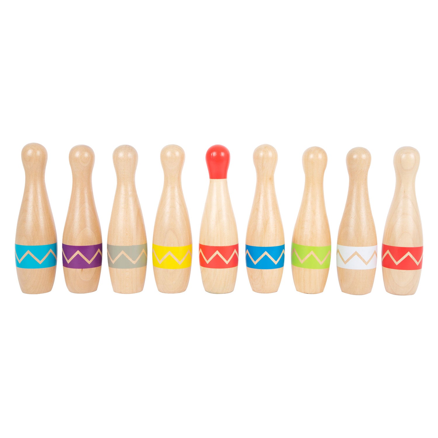 Kleine voet - houten kegelspel met zigzagpatroon, 11dlg.