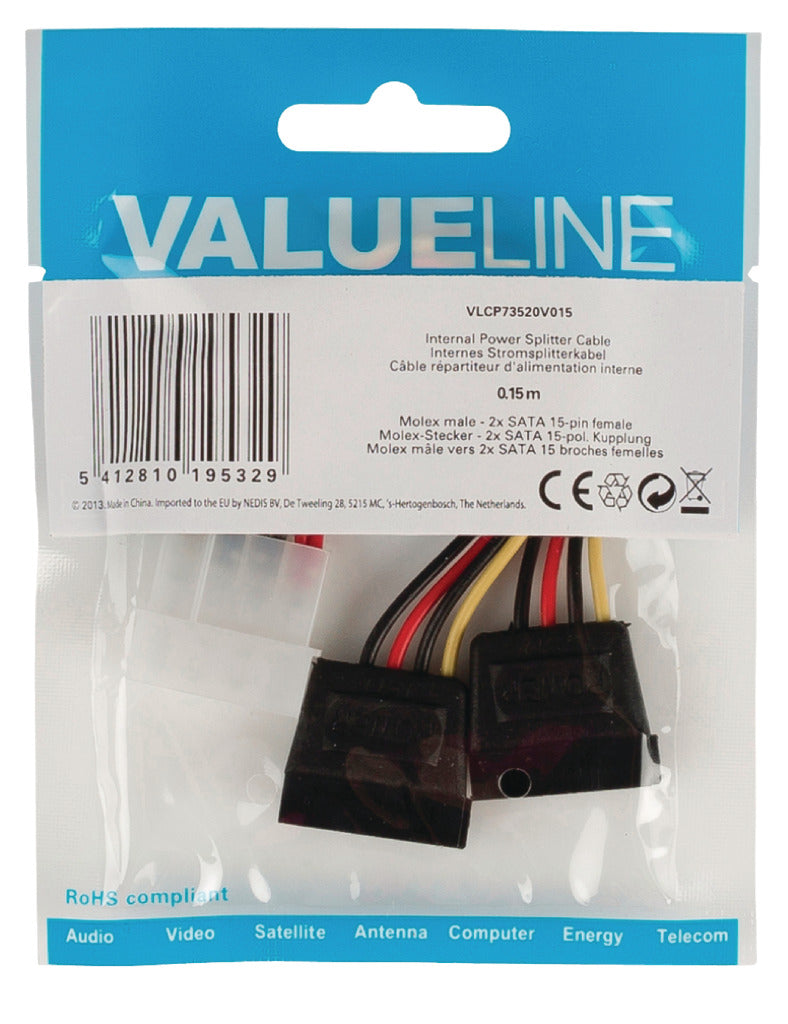 Valueline vlcp73520v015 interne stroom splitterkabel molex mannelijk - 2x sata 15-pins ronde 0,15 m veelkleurig