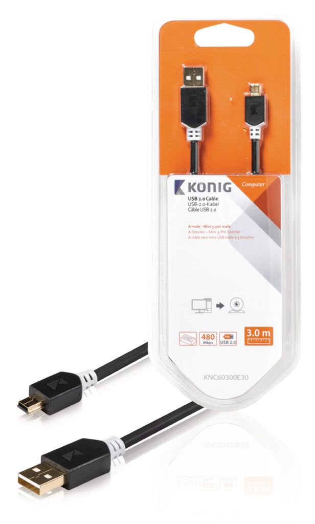 K ouml;nig könig knc60300e30 usb 2.0 kabel a male - mini 5-pins male 3,00 m grijs
