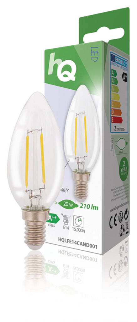 Hq lfe14cand001 led retro filamentlamp e14 kaars 2 w 210 lm 2700 k