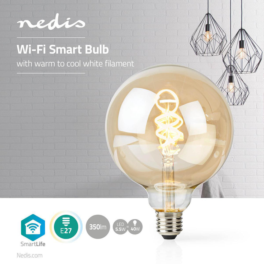 Nedis wifilt10gdg125 wi-fi warm tot koel wit led filamentlamp gedraaid e27 g125 5,5 w 350 lm