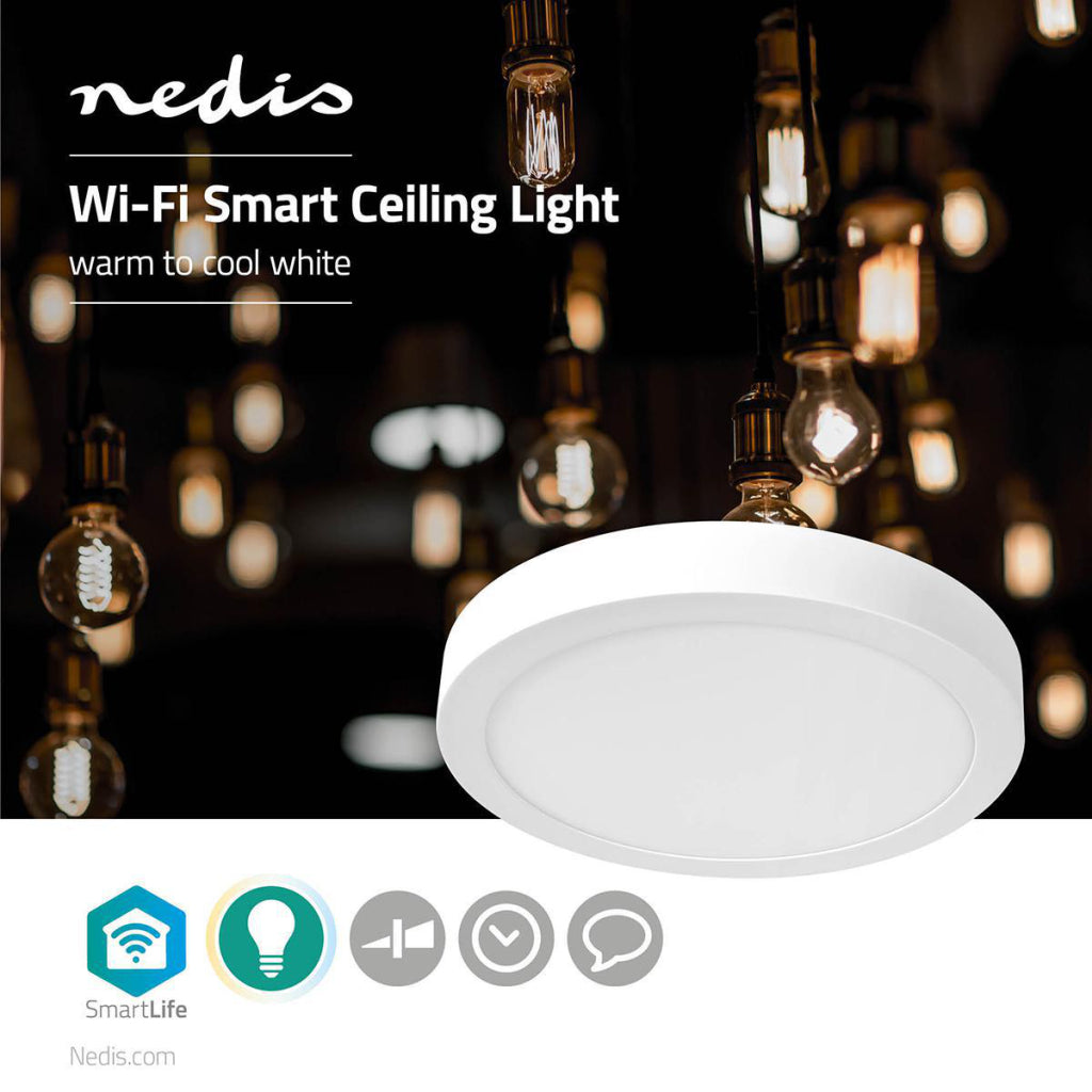Nedis wifilaw20wt wi-fi smart plafondlamp rond oslash; 30 cm warm tot koel wit 1200 lm 18 w slank design aluminium