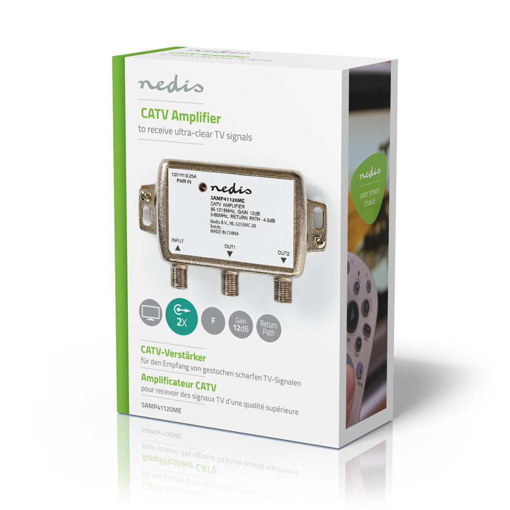 Nedis samp41120me catv versterker max. 9 db versterking 85 - 1218 mhz 2 uitgangen retourkanaal -4,5 db 5 - 65 mhz f