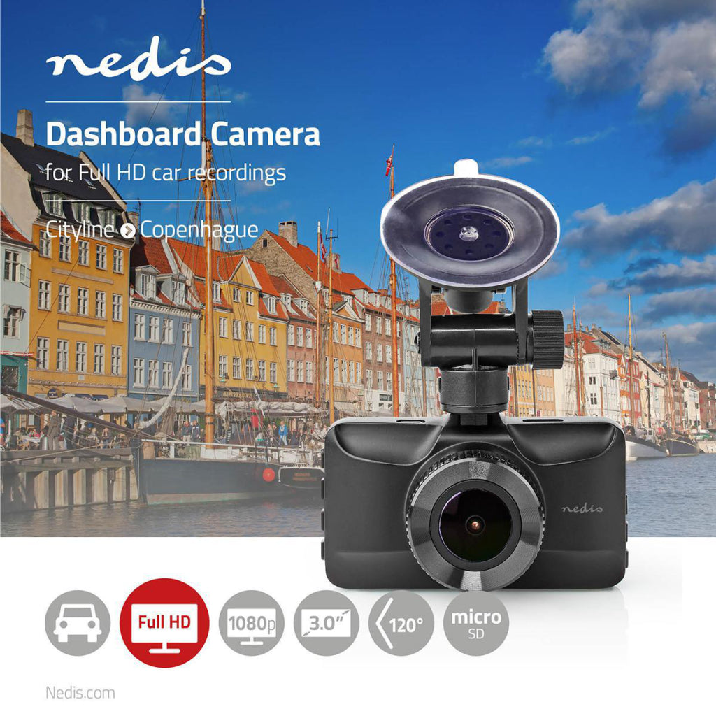 Nedis DCAM15BK Dashcam Full Hd 1080 P 1 Ch 3,0 Inch Kijkhoek Bestelwagen 120 graden; Metalen Behuizing