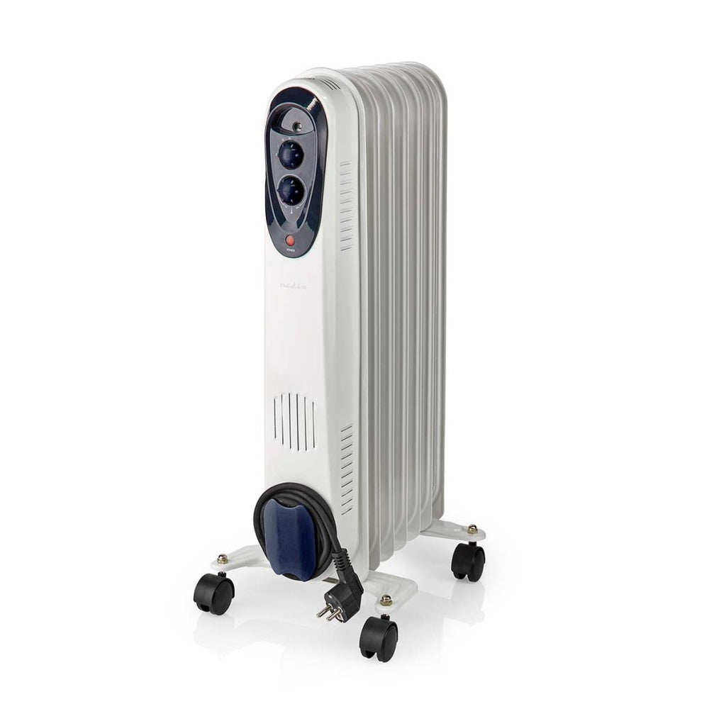 Nedis htoi30wt7 mobiele olieradiator 600 900 1500 w 7 vinnen verstelbare thermostaat 3 warmte standen omvalpreventie wit