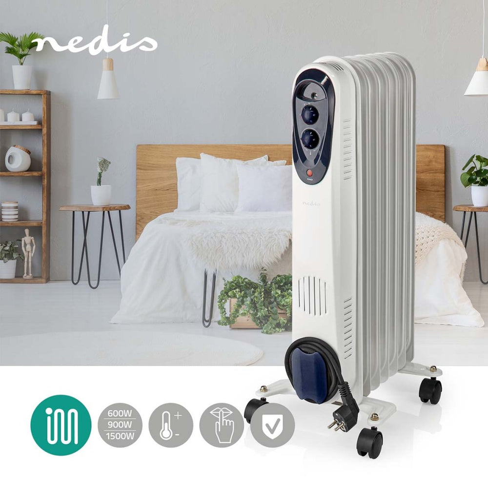 Nedis htoi30wt7 mobiele olieradiator 600 900 1500 w 7 vinnen verstelbare thermostaat 3 warmte standen omvalpreventie wit