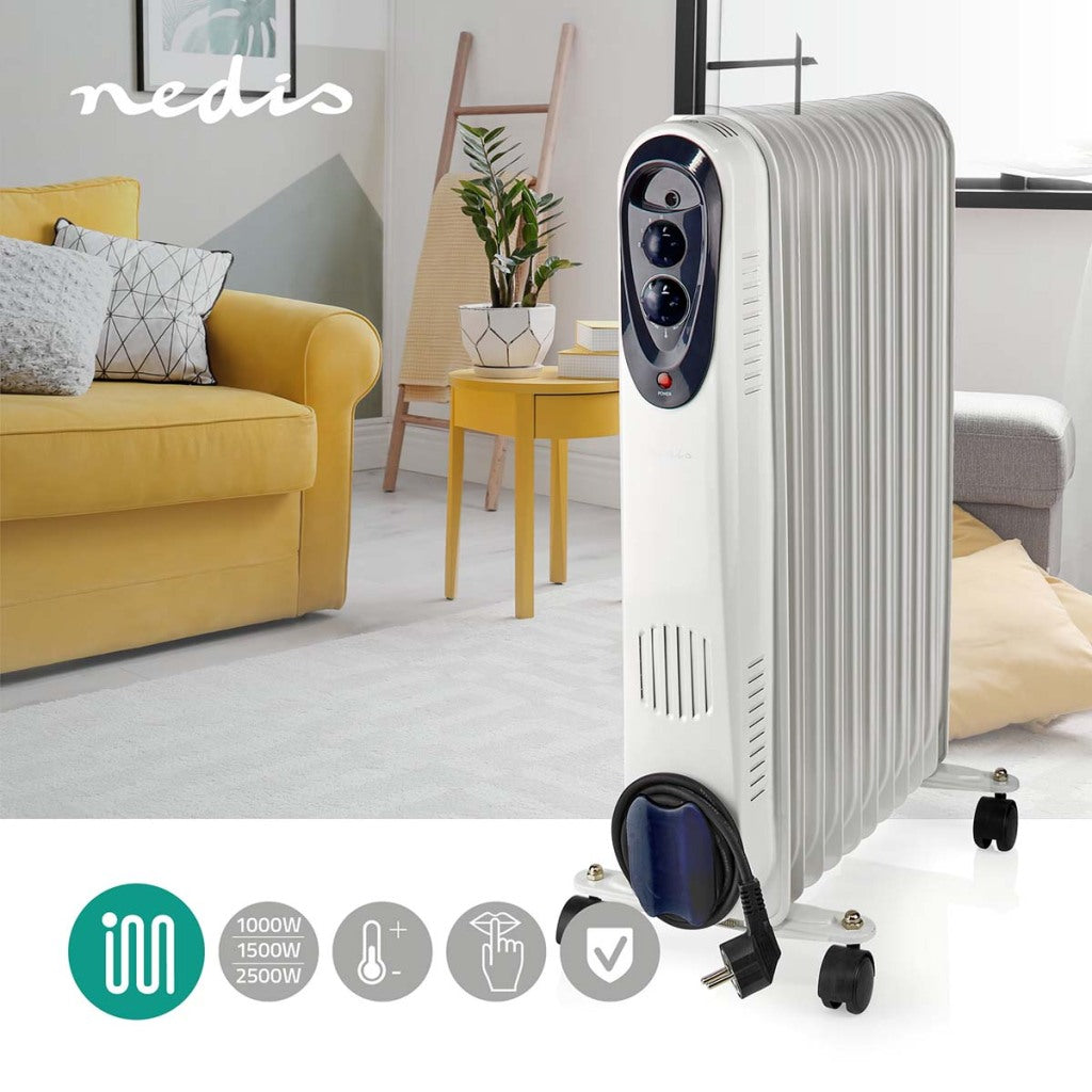 Nedis htoi30wt11 mobiele olieradiator 1000 1500 2500 w 11 vinnen verstelbare thermostaat 3 warmte standen omvalpreventie wit