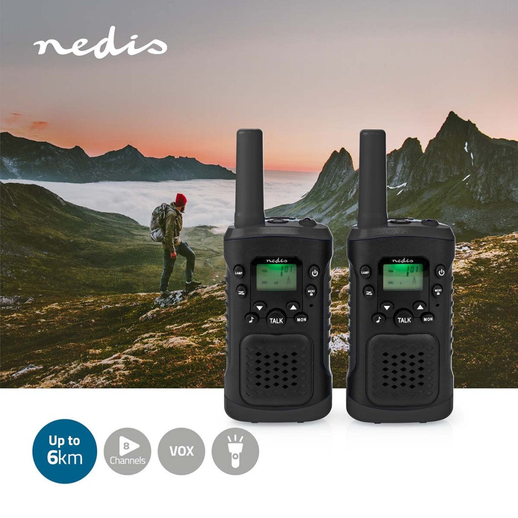 Nedis WLTK0610BK Walkie Talkie Set 2 Handsets Tot 6 Frequentiekanalen: 8 Vox Tot 3 Uur Koptelefoonuitgang 2 Headsets Zwart