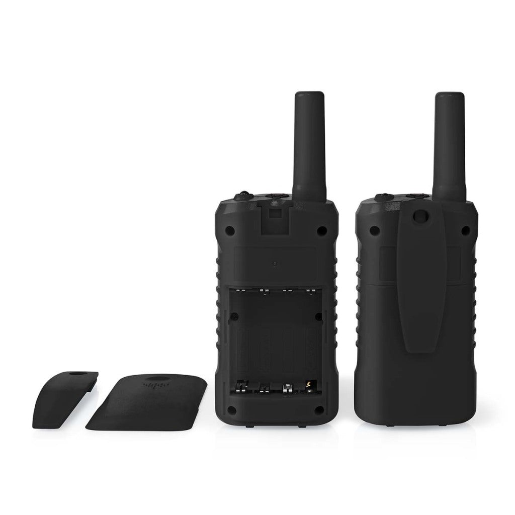 Nedis wltk0610bk walkie talkie set 2 handsets tot 6 km frequentiekanalen: 8 ptt vox tot 3 uur koptelefoonoutput 2 headsets zwart