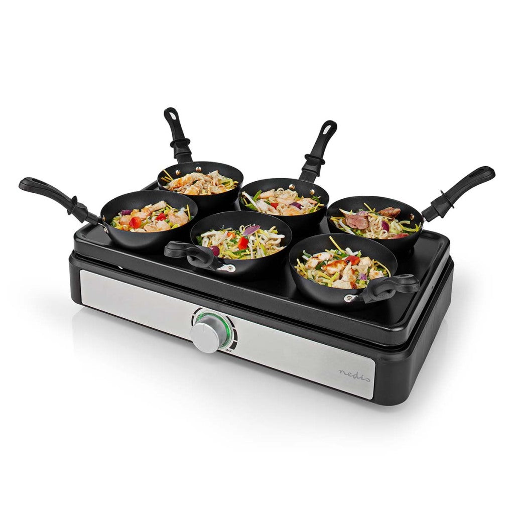 Nedis fcra310fbk6 party wokset grill 6 personen spatel temperatuurinstelling anti-aanbak laag rechthoekig