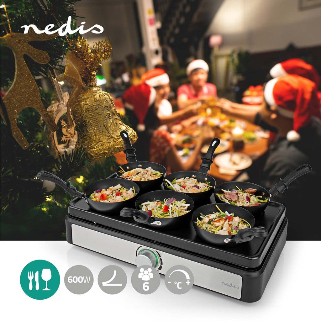 Nedis fcra310fbk6 party wokset grill 6 personen spatel temperatuurinstelling anti-aanbak laag rechthoekig