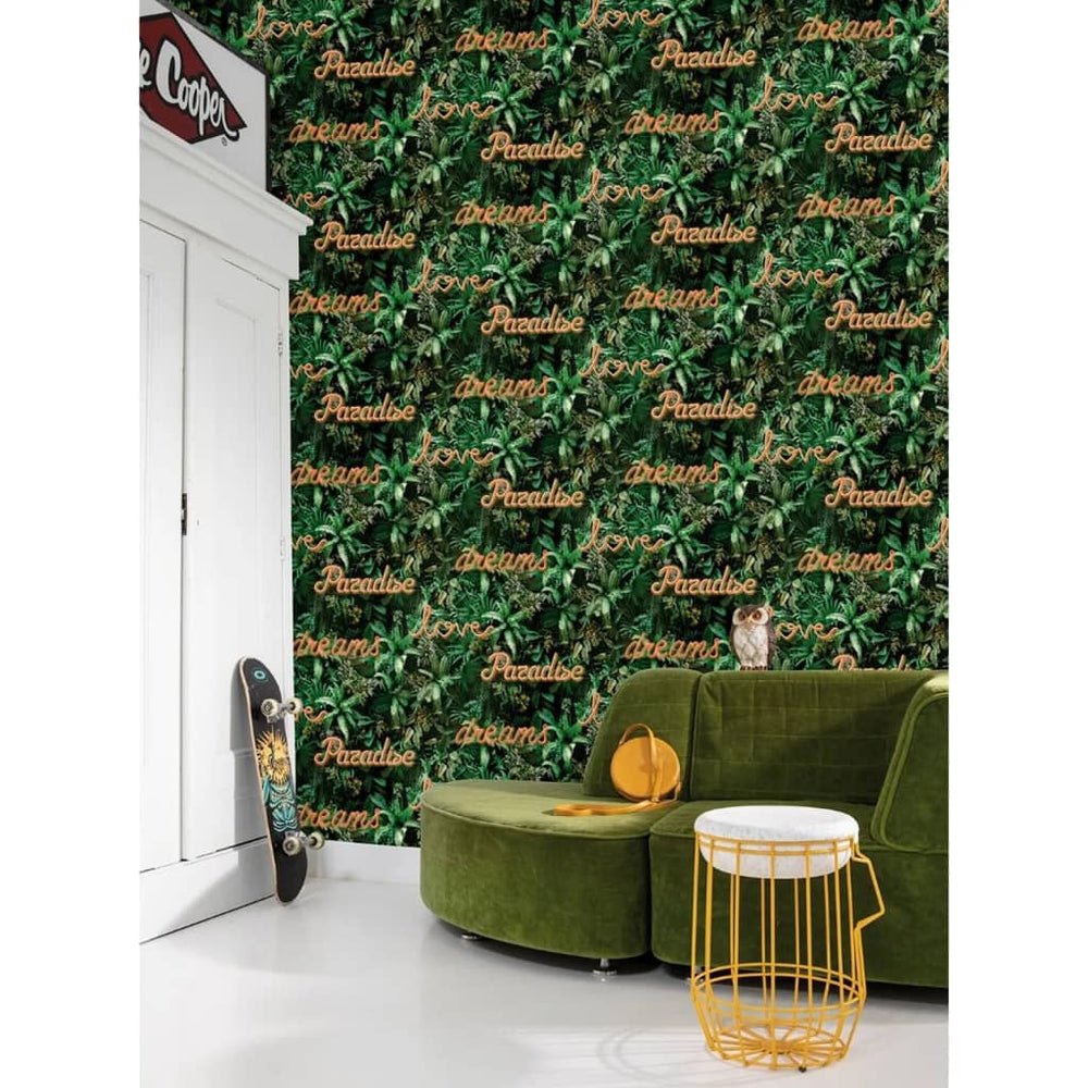 Noordwand Noordwand Behang Good Vibes Neonletter met planten groen en oranje