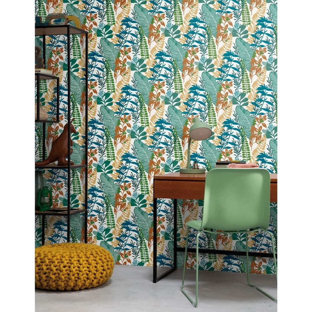 Noordwand behang good vibes grote bladeren blauw en groen
