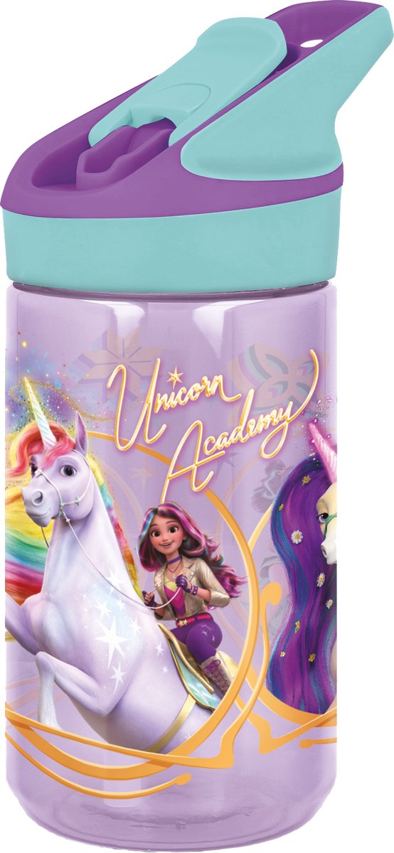 Stor unicorn academy tritan premium drinkfles - 480 ml – sluit goed af – drinkfles voor kinderen – paars turquoise