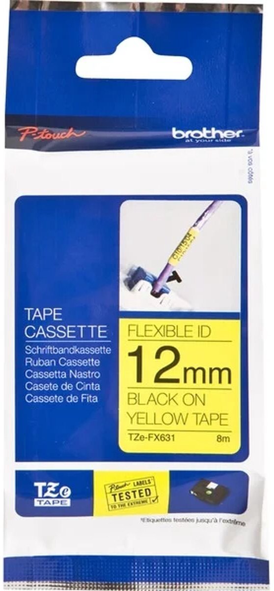 Brother labelprinter label: tze - fx631 flexibel zwart op geel 12mm x 8meter
