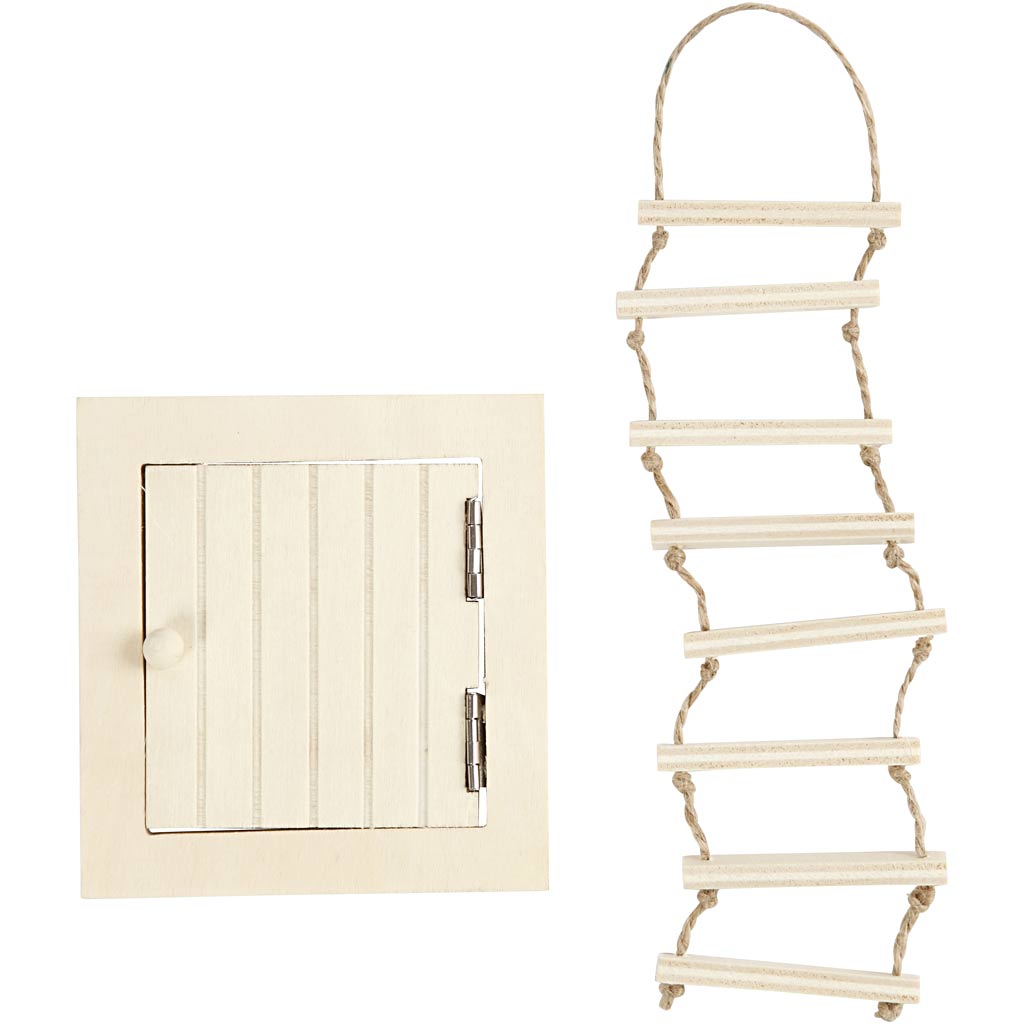 Creatief bedrijf mini houten zolderluik en touwladder