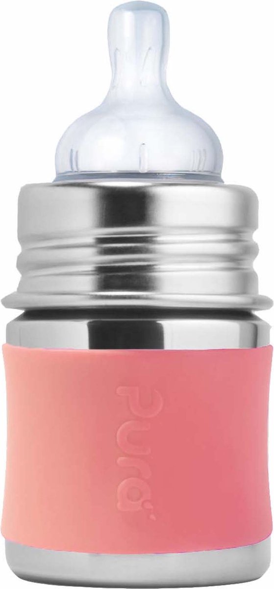 Pura speenfles 150 ml - plasticvrij - drinkfles - voorkomt maagkrampen - vaatwasserbestendig - inclusief siliconen speen, reisdop en sleeve - top is verwisselbaar - veelzijdig - rose