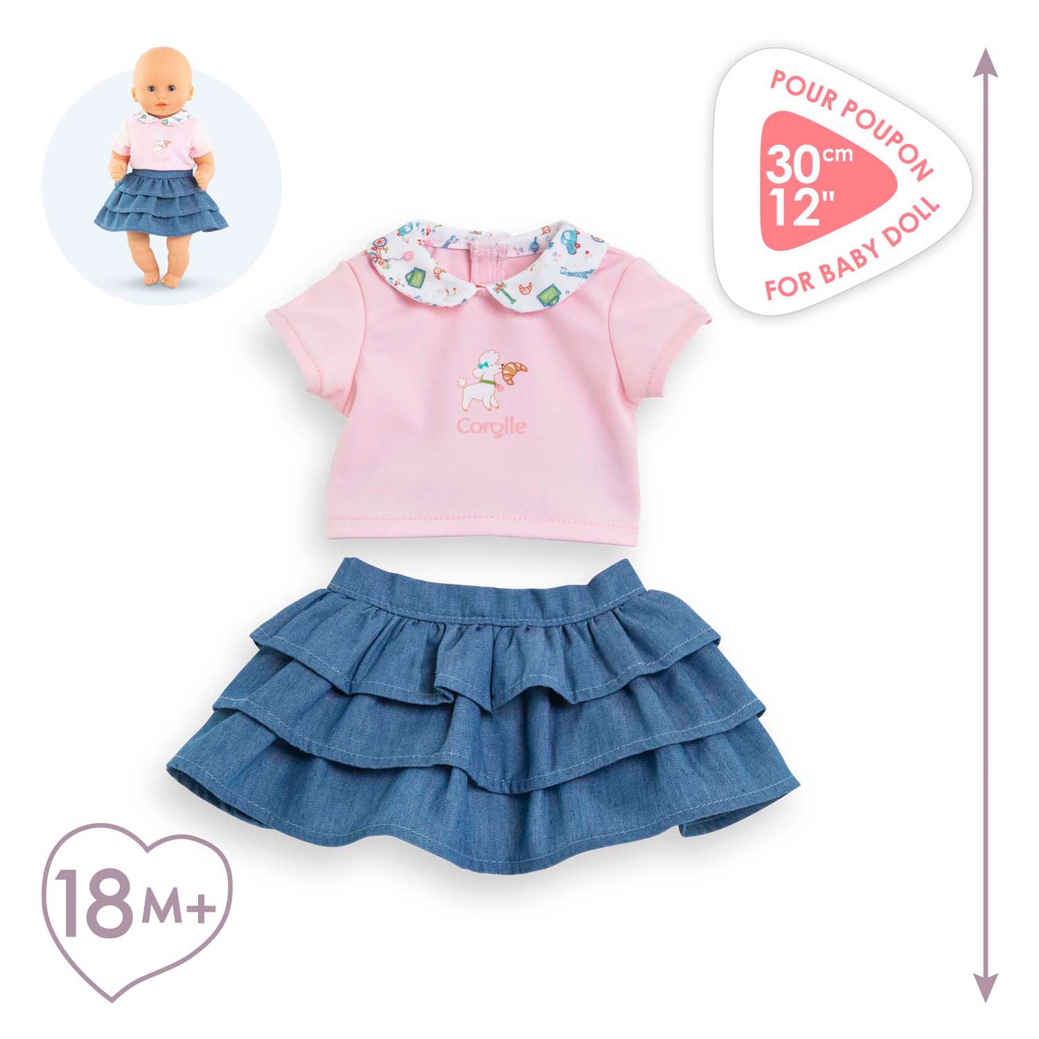 Corolle rok met ruches en t-shirt voor babypop, 30cm.