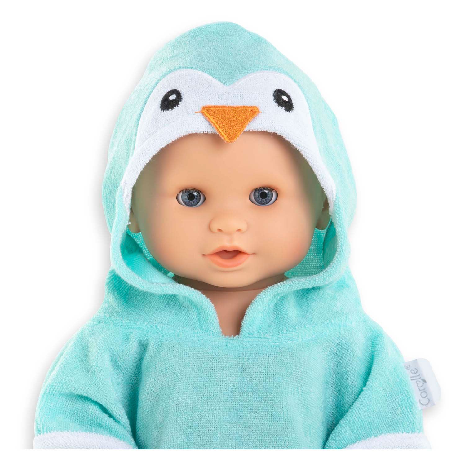Corolle badcape babypop pinguin 36cm - poppenaccessoire blauw.