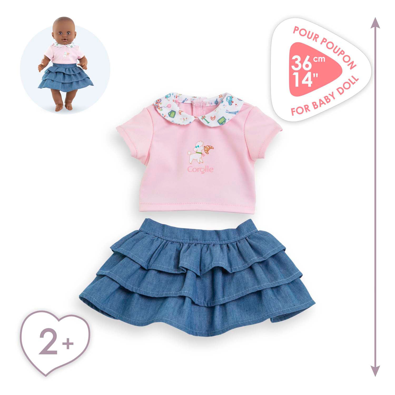 Corolle rok met ruches en t-shirt voor babypop, 36cm.