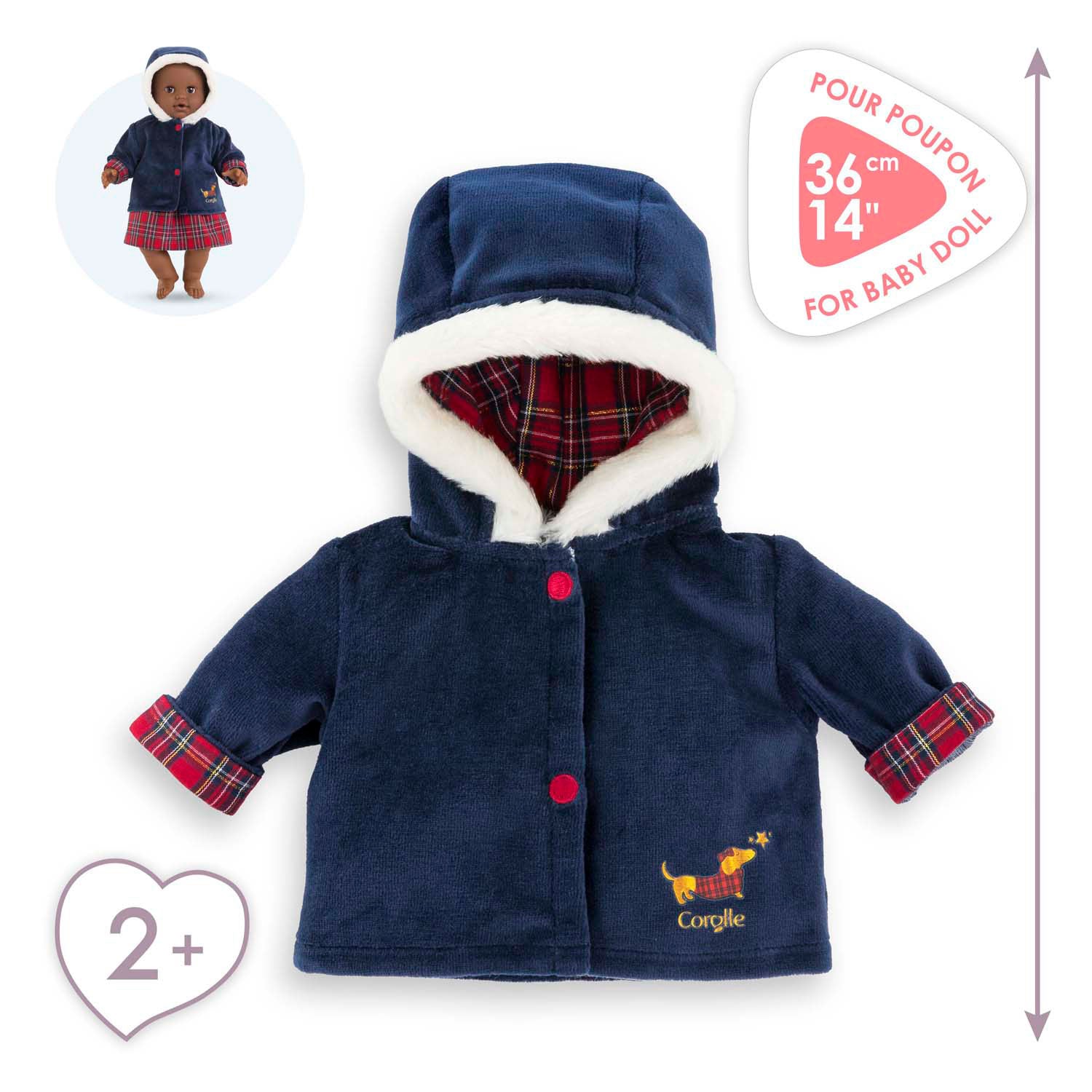 Corolle babypop winterjas - donkerblauw, bontkraag, 36cm poppen.