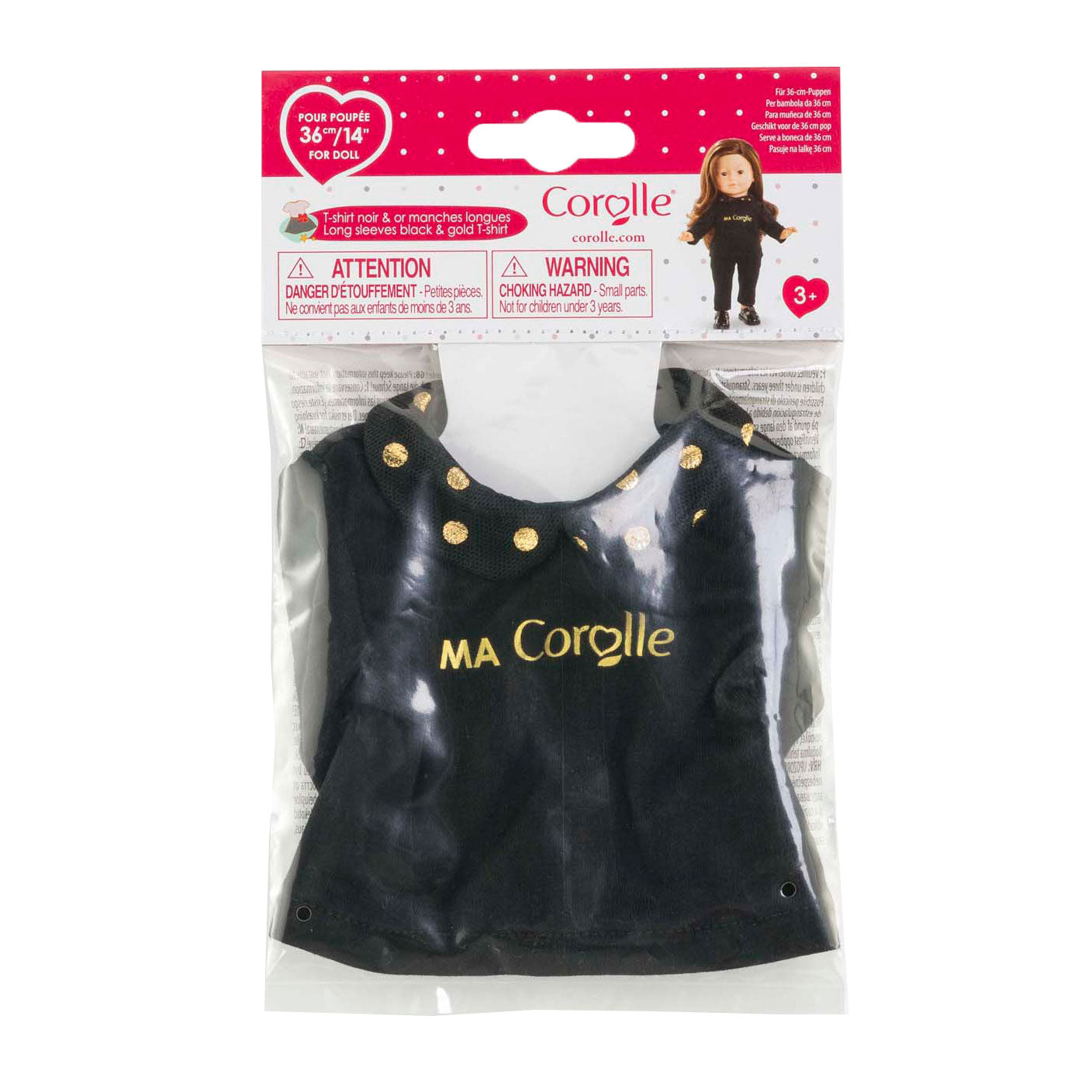 Corolle zwart en goud t-shirt voor poppen, 36cm