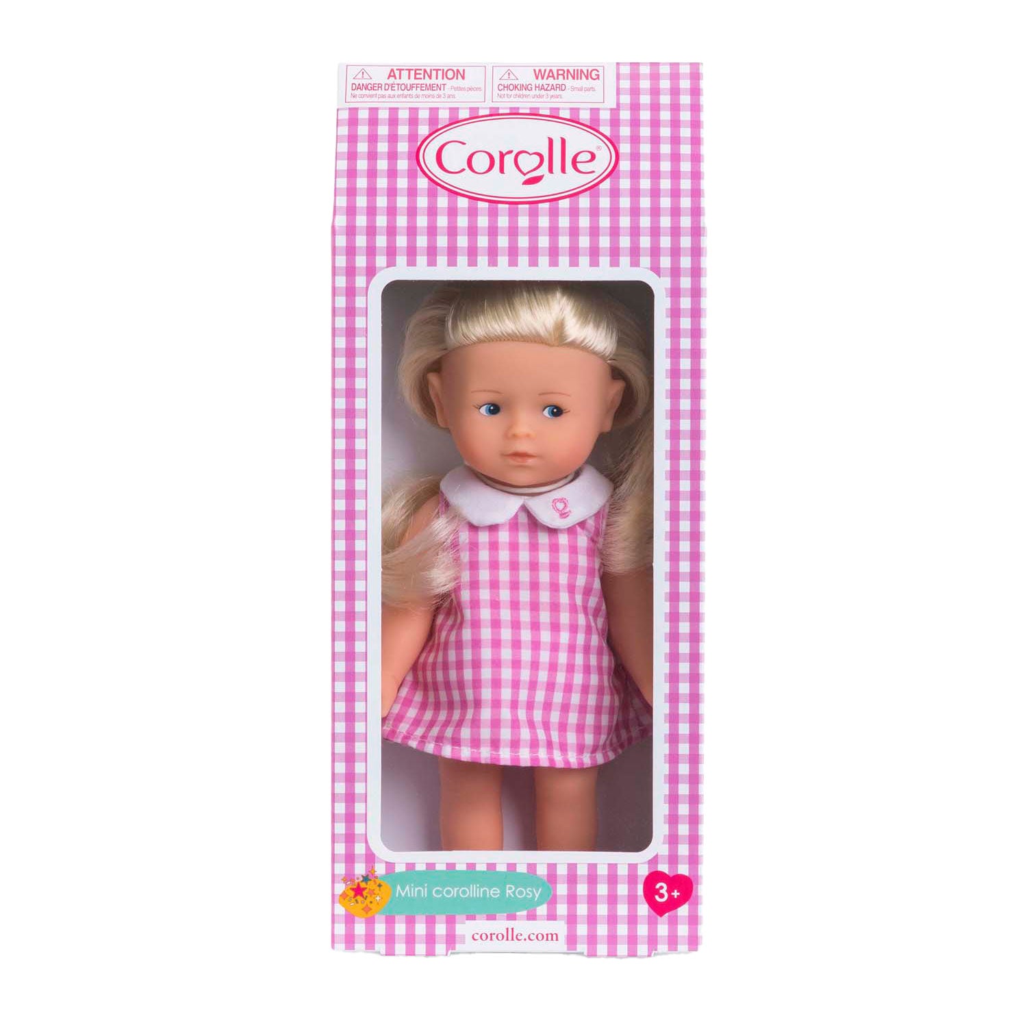 Corolle babypop mini corolline rosy met roze geruite jurk pop.