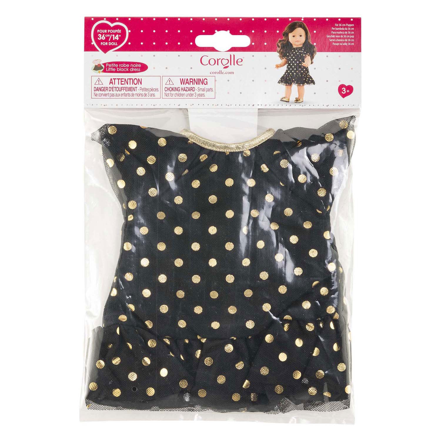 Corolle ma zwarte popppenjurk met gouden stippen - 36cm
