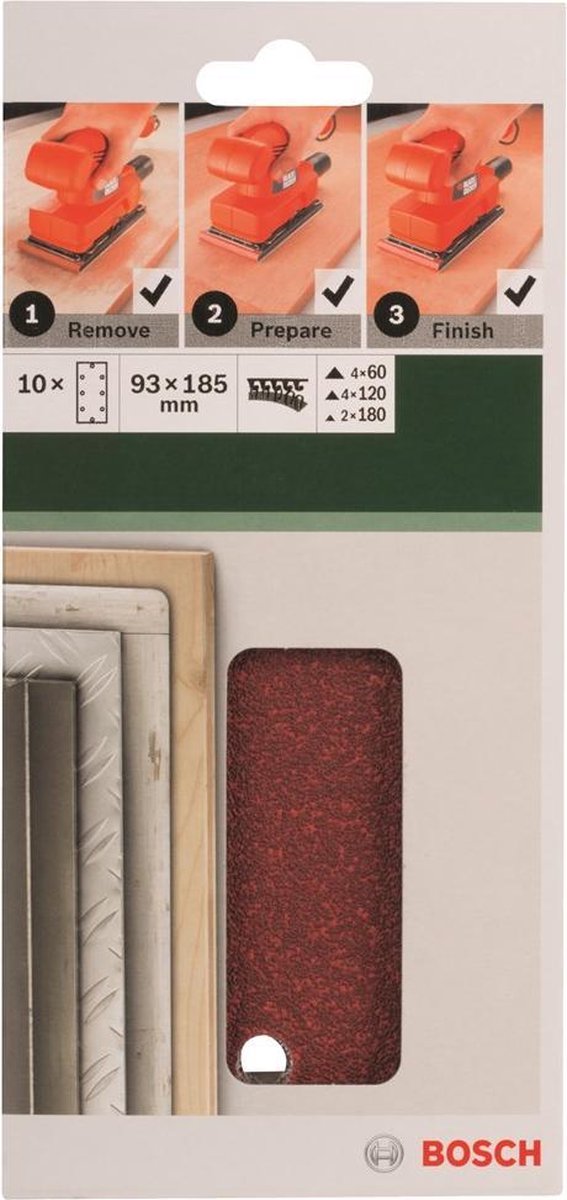 Bosch 10-delige schuurbladset voor vlakschuurmachines 93 x 185 mm - korrel 60; 120; 180