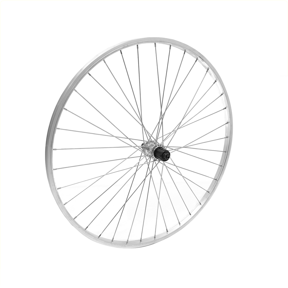 Achterwiel 28x1 5 8x1 3 8 aluminium velg, zilver. uitval cassette naaf, 7 versnellingen, spaak 13